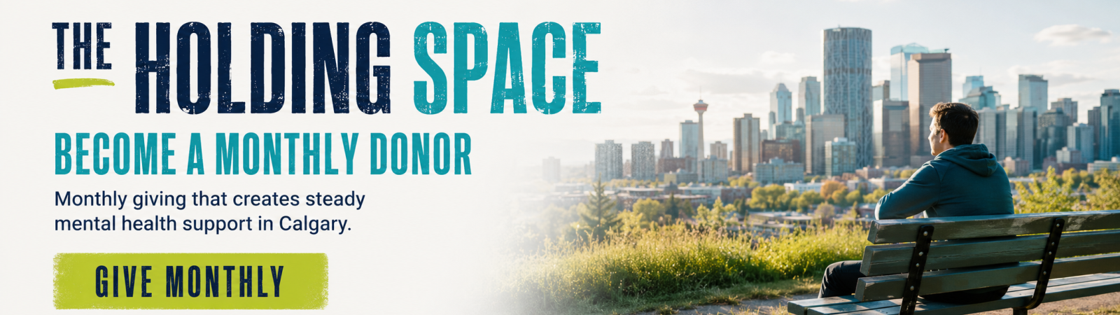 image of man sitting on bench in front of Calgary sky line